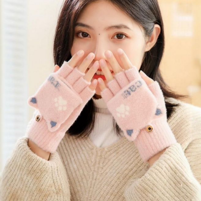 루나오라 러블리 고양이 방한 따뜻한 털 반장갑