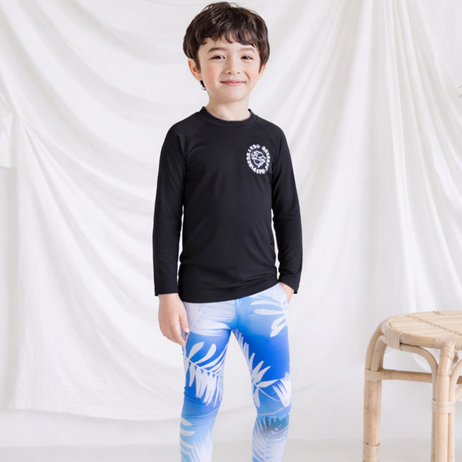 유라비 유아동 키즈 남아 여아 트로피컬 긴팔 래쉬가드 워터 레깅스 수영복 상하 세트
