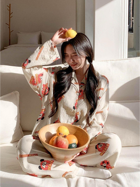 디즈니 정 품 미키 홈웨어 캐릭터 파자마 긴팔 잠옷 커플 세트(남자 여자)