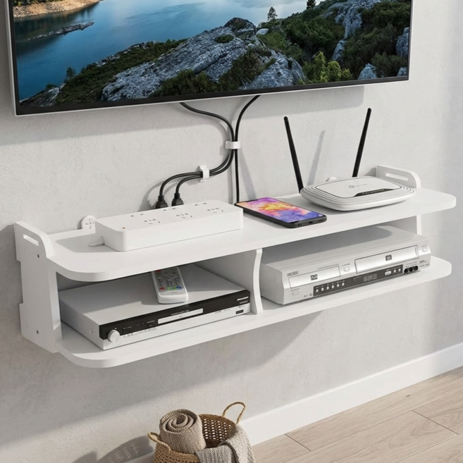 아이레노 무타공 티비 셋톱박스 선반 벽걸이 TV 주변 기기 거치대 공유기 수납함 화이트, 2단