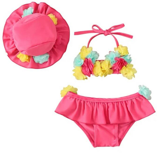 언더붑 탱크탑 비키니 홀터넥 커버업 수영복 0-24M 여름 새 아기 소녀 3 조각 꽃 고삐 수영 맨 아래 및 태양 모자 세트, 0-6 Months, rose red