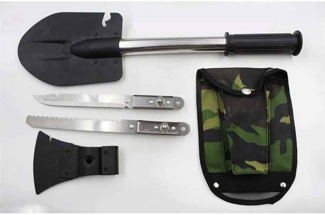 多功能工兵鏟工具組 斧頭 鋸子 刀子 開瓶罐拔釘子 露營登山防身 附收納袋, 1個