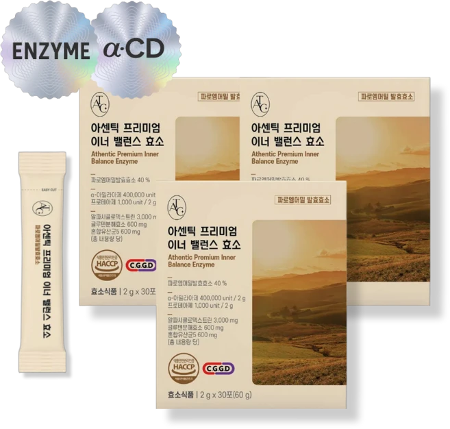 [효소+알파CD]아센틱 프리미엄 이너 밸런스 효소(30포) 알파CD효소 파로엠버밀발효 효소 글루텐분해효소 알파시클로덱스트린 자연발효효소, 3개, 30회분 - 쿠팡