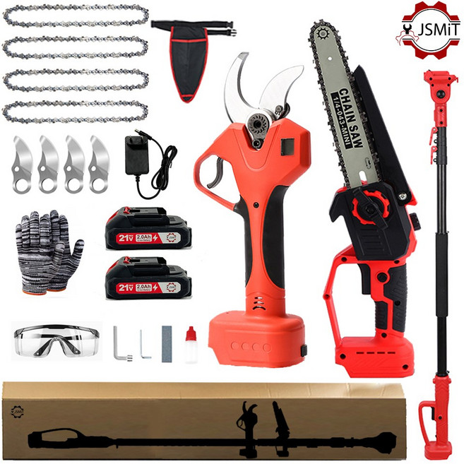 JSMiT 독일기술21V 무선전동 전지가위 60mm초강력 +20cm 브러시리스 충전식 전기톱 장대톱 풀세트 톡톡365+2.0Ah배터리2개+2.5m연장장대, 1세트