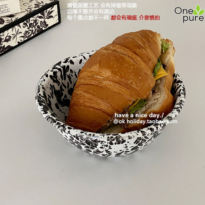 법랑그릇 트레이 피자 베이킹 접시 브런치 예쁜그릇, 블랙 에나멜 볼, 1개