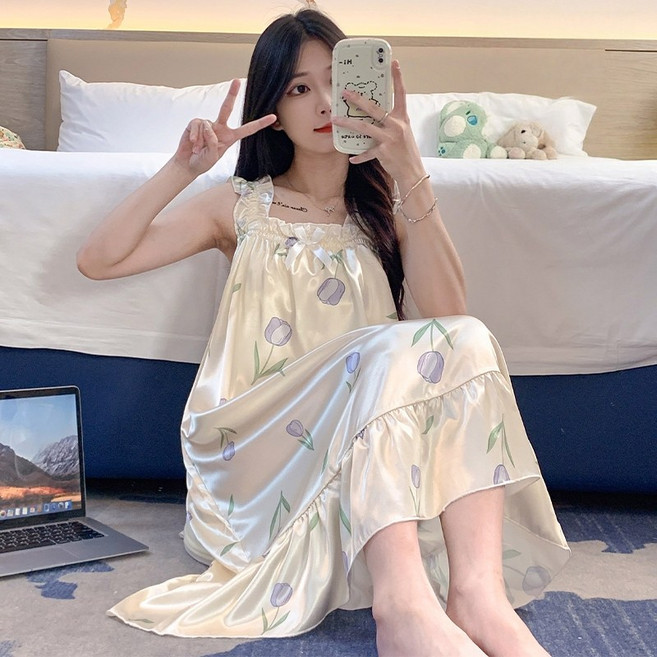 여름 여성 잠옷 원피스 나시 민소매 빅사이즈 원피스 잠옷 시원한 캡내장 파자마 홈웨어