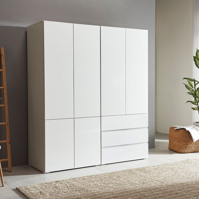 장인가구 비쥬얼 터치 4도어 3단서랍 1600 이불 옷장, 화이트