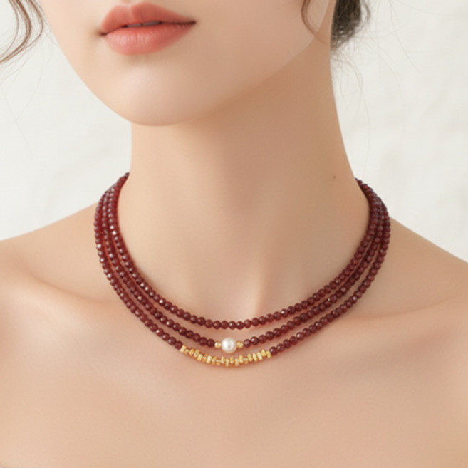 여성 데일리 크리스탈 레드 비즈 진주 믹스 레이어드 목걸이 3종 세트 A2760