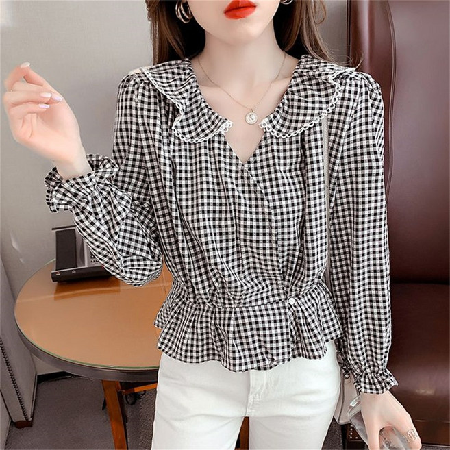 besteffie 블라우스 여성용 체크무늬 셔츠 재킷 가을룩 코디 카라넥 남방 캐주얼 셔츠 E15