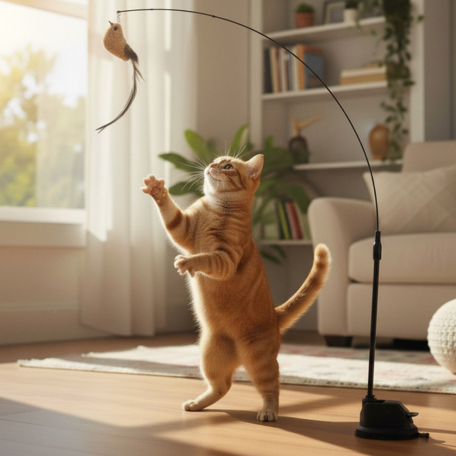 메이크앤 고양이 셀프 놀이 고정 와이어 낚시대 장난감, 1개, 긴꼬리참새