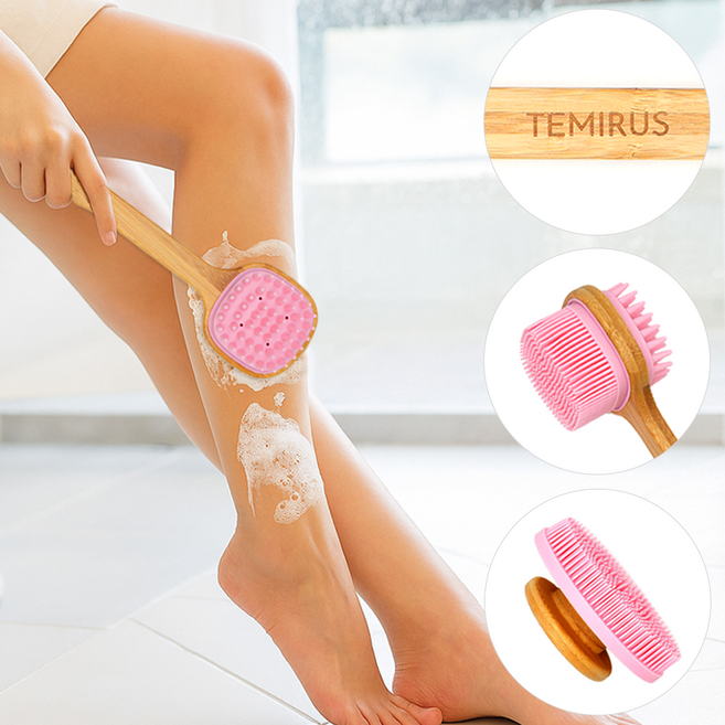 테미러스 우드 실리콘 바디 브러쉬, 핑크(양면스틱+핸드형), 1개, 2개입