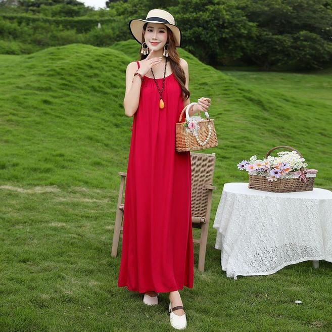大碼連衣裙 棉綢吊帶海邊度假長裙 夏季無袖顯瘦A字長裙 空調房外搭 日系連衣裙, 紅色,3XL 145-160/斤, 紅色