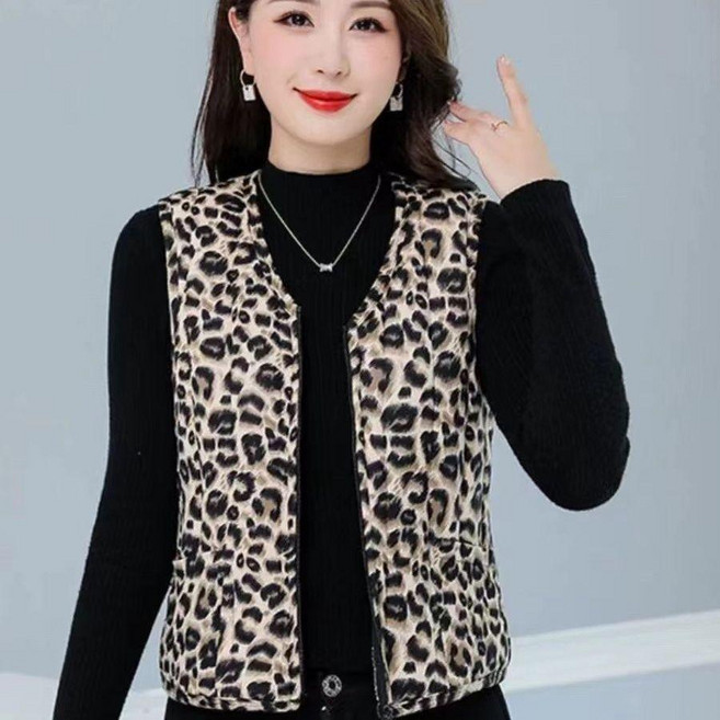 鞦鼕中老年碎花彈力馬甲加厚坎肩女裝短款加絨保暖媽媽豹紋背心台灣熱銷
