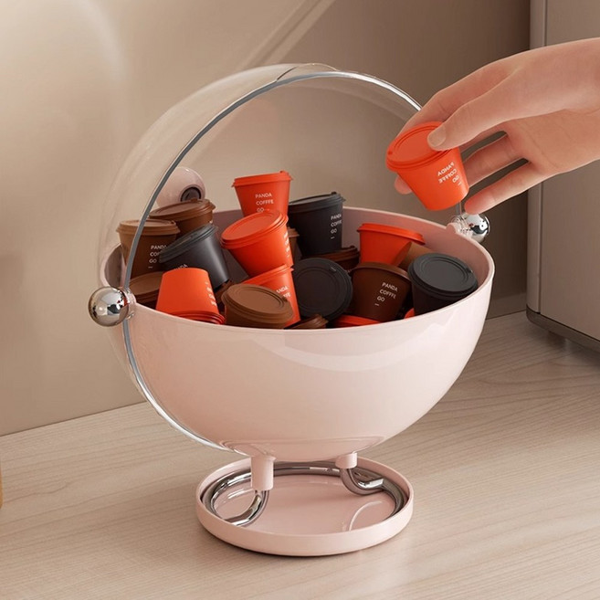 원형 투명 클리어 슬라이드수납함 브레드박스 커피캡슐보관함, 아이보리, 1개