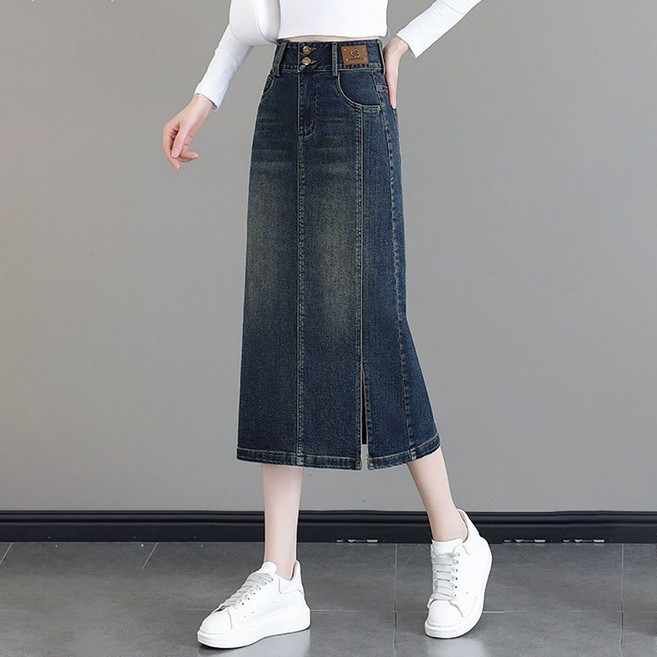 ROYALBELLE 여자 데님 스커트 캐주얼 하프기장 하이웨스트 패션 여름 A라인 트임 스커트 E0031602