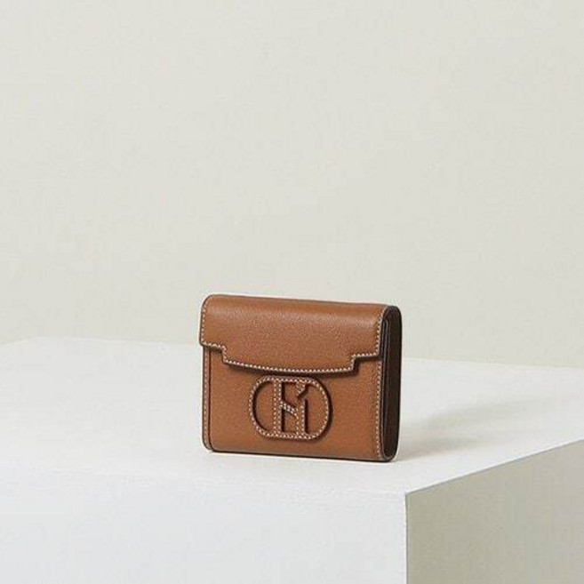 [백화점정품] 헤지스 브라운 로고배색 소가죽 여성용 클래식 심플 데일리 반지갑
