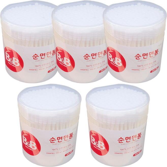 비앤비 원형 순면 유아 면봉, 200개입, 5개