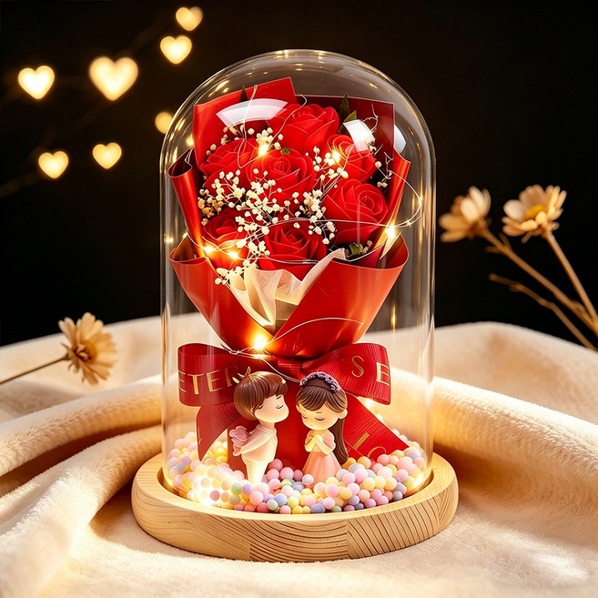 프리저브드 플라워 유리돔 무드등 꽃다발 커플 인형 여자친구 여성 아내 생일 선물, 1개, 레드장미 무드등