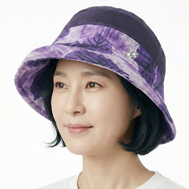 베이직엠 중년 여성 여름모자 벙거지 챙 나뭇잎 패턴