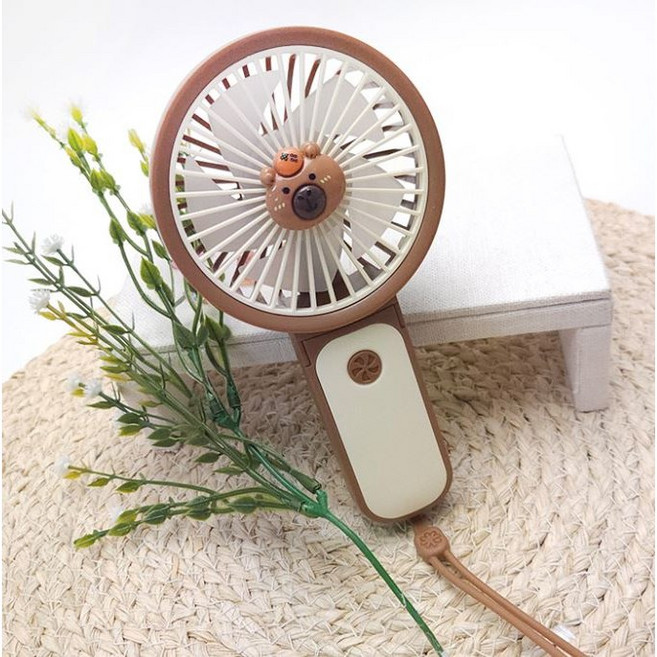 카피바라 스티커꾸미기 휴대용 핸디 3단조절 선풍기, 브라운