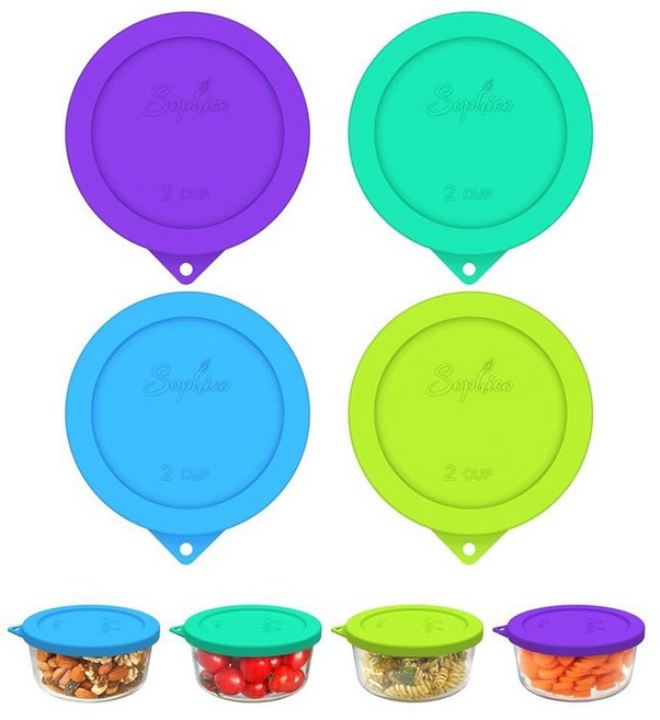 Sophico Anchor Hocking 및 Pyrex 7200피스 유리 그릇용 2컵 원형 실리콘 보관 커버 뚜껑 교체용(용기 미포함) | 네이비 블루 2팩 |, 믹스-4팩