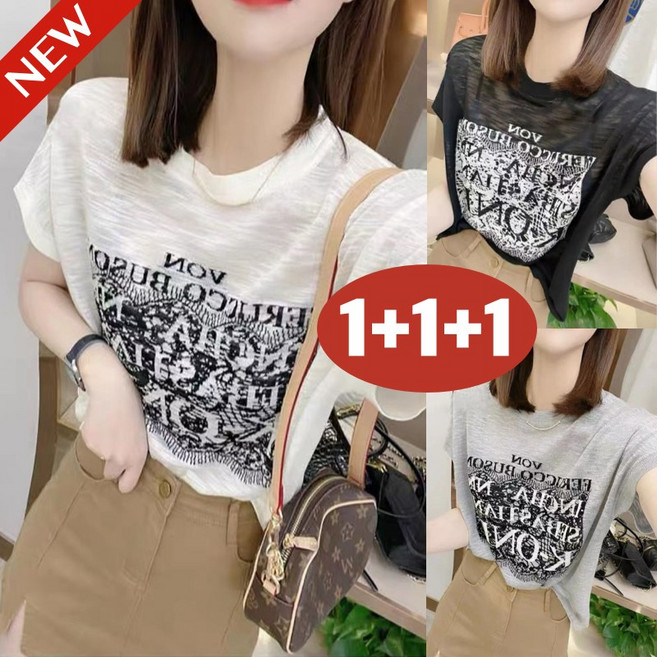 (완전 편한) 90kg까지 1+1+1 빅사이즈 여성 영문티 프린트 얇은 쿨 반팔 티셔츠 여름 루즈핏 시카고 트렌드 디자인 시원한 오버핏 기본티 코디 라운드넥 캐주얼 4xl 상의 티