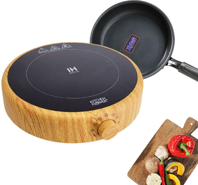 키친플라워 원형 우드 1구 인덕션 전기렌지 2000W 고출력 휴대용 캠핑용 인덕션 (후라이팬 사은품 증정)