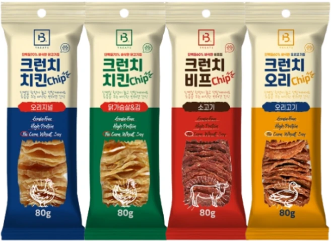 와와펫 브리더랩 강아지 크런치 오리지널 오리칩 치킨&김 비프칩, 4가지맛, 1세트, 80g - 쿠팡