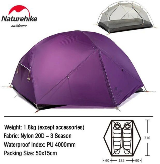 Naturehike 클라우드 업 몽가 스타 리버 2 인용 캠핑 텐트 초경량 배낭 하이킹 여행 무료 매트 포함, Mongar-퍼플