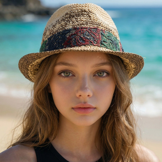 라핑 라피아 여성 페도라 여름모자 레이스 포인트 휴양지 비치모자