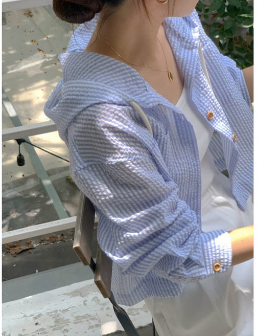 이유무무 NQ-241 여성 스트라이프 숏 자외선 차단 후드 긴팔 셔츠