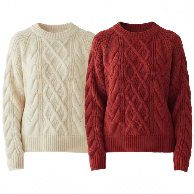 리벨르 여성 라운드 니트티 꽈배기 스웨터 티셔츠 2종 세트