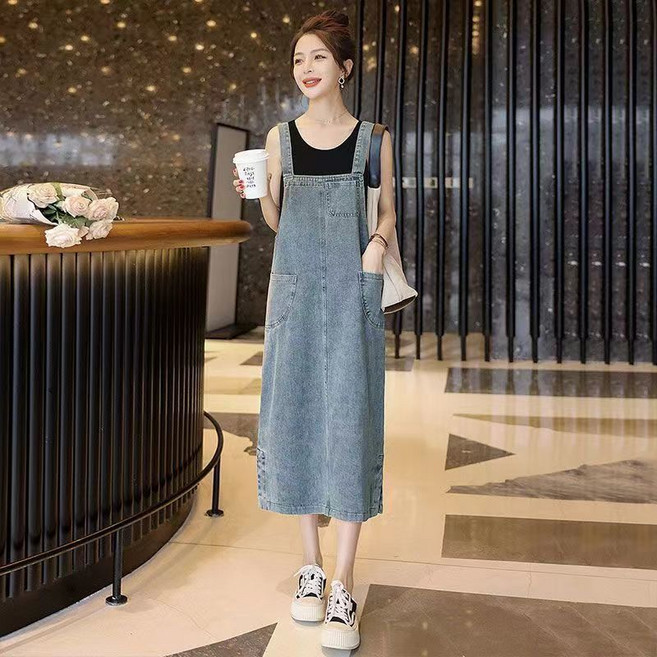여름 데님 멜빵 스커트 여중 기장 살 가리고 날씬해 보이는 원피스 CIILLNY