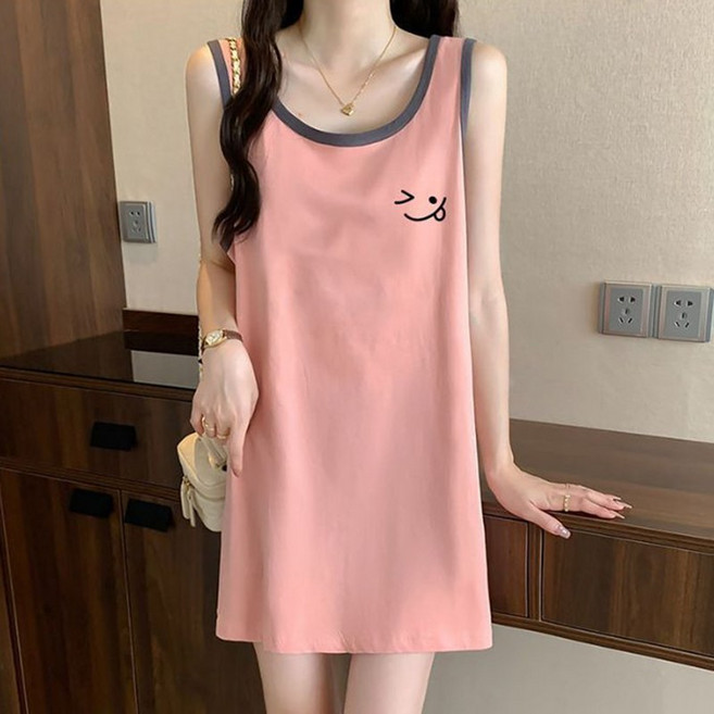 여름 순면 루즈핏 심플 홈웨이 아우터핏 민소매 잠옷 원피스 러블리 데일리룩