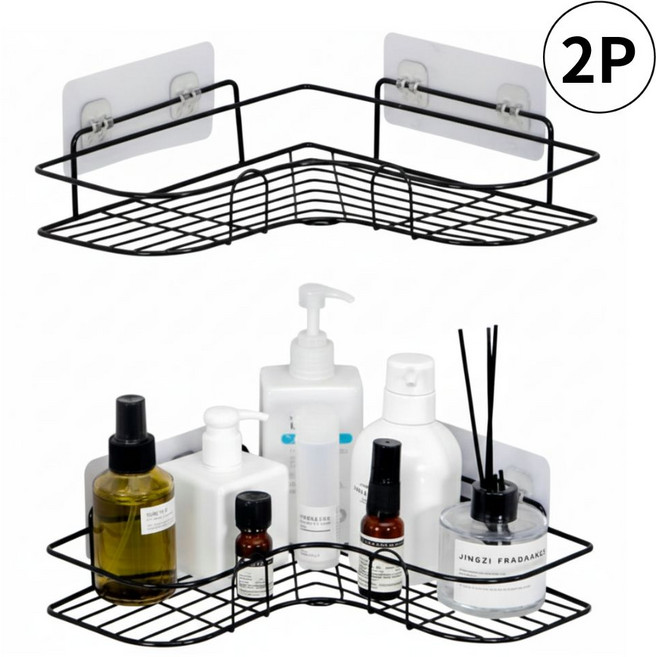 브라이프 간편깔끔 무타공 욕실 선반 2p 세트, 블랙 코너, (1변 26cm)