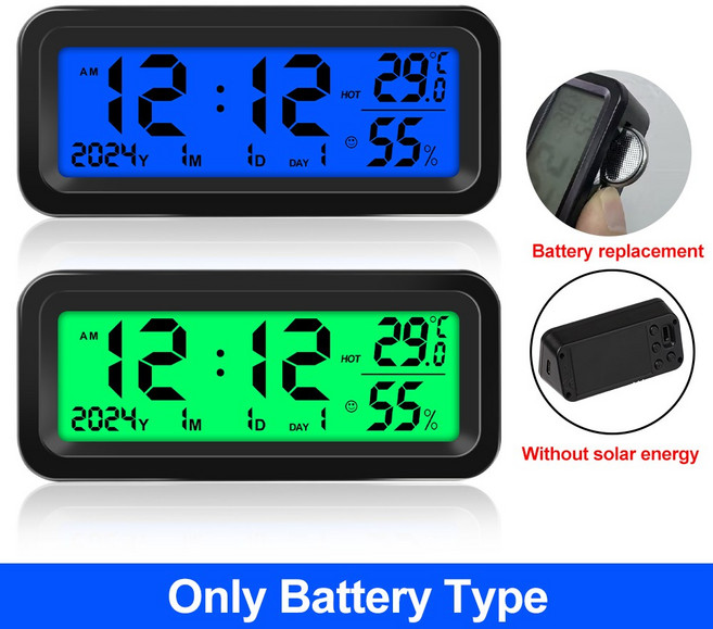태양광 발전 자동차 시계 LCD 디지털 온도계 습도 센서 백라이트 포함 발광 내부 스틱 온, No Solar Blue Green, 1개, 1개입