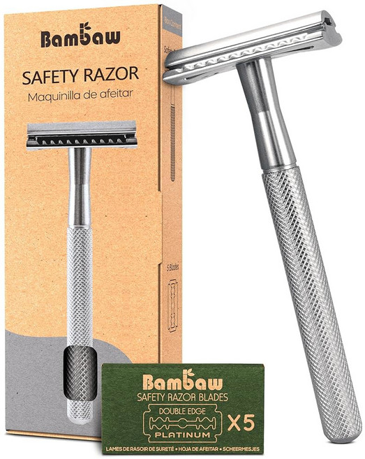 여성용 밤보 안전 면도기 더블 엣지 여성 및 남성용 싱글 블레이드 재사용 가능 플라스틱 프리 - 로즈 골드, silver, Silver Razor, 1개