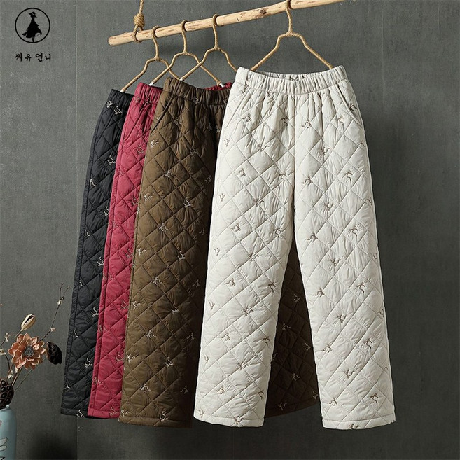 여성 자수 누빔 패딩 팬츠 따뜻한 도톰 와이드 팬츠 캐주얼 밴딩 방한바지