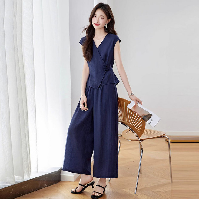 지고다그 성숙한 스타일 여성 린넨 정장형 투피스 세트 여름용 ZXC42536