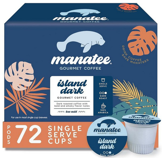 Manatee Gourmet Coffee 큐리그 2.0 K 컵 브루어스 아일랜드 다크 로스트용 1인용 포드 12개 6개 팩, 1개, 12