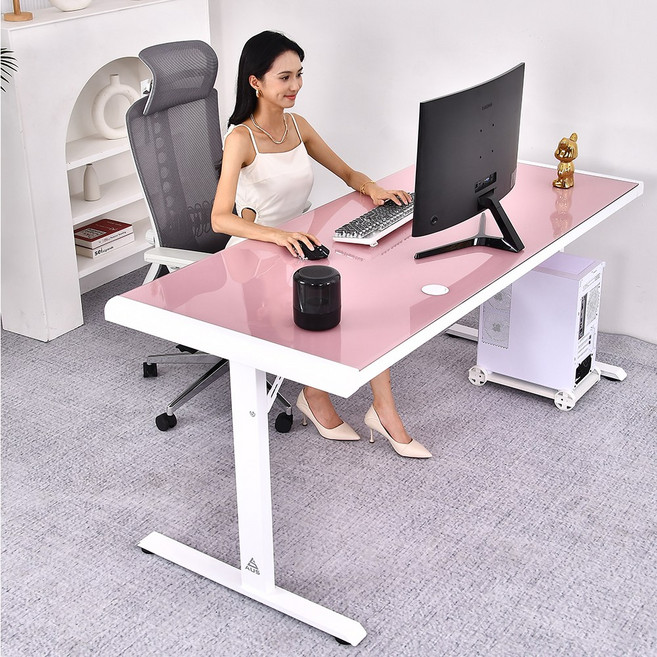 아우스 TG / TGW 강화유리 컴퓨터책상 게이밍책상 컴퓨터테이블 학생책상 서재책상 사무용책상 1인용 2인용, 화이트+핑크