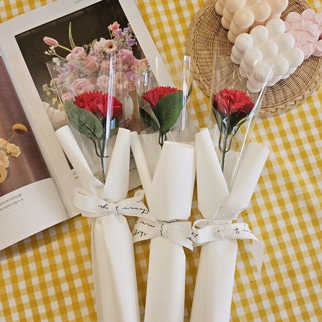 카네이션 한송이포장3P 1세트 빨강카네이션 분홍 스승의날 어버이날 단체꽃다발 한송이꽃다발 조화 비누카네이션 행사답례품, 3개, 레드카네이션