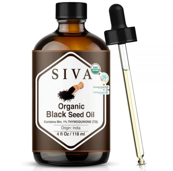 SIVA 블랙 씨드 오일 유기농 - 118ml(4액량 온스) 100% 천연 냉압착 얼굴 스킨 케어 헤어 두피 마사지 및 바디 마사지용 드롭퍼가 있는 캐리어 - 쿠팡