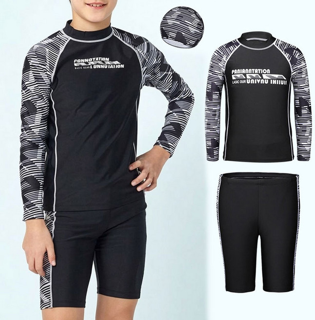 더그랜 주니어 남아 긴팔 래쉬가드 5부 반바지 수영모자 3종세트