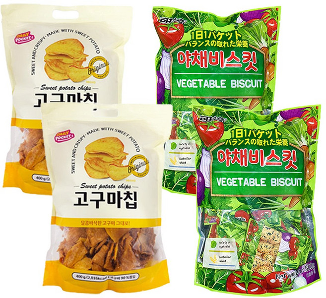 데일리포켓 달콤바삭 고구마칩400g 2개+한진 야채 비스킷500g 2개 (총4개) 어린이집 유치원 학교 교회 기업 관공서 간식 선물, 4개, 450g