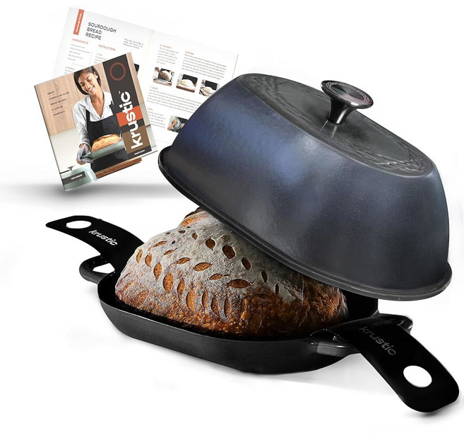 프로 사워도우 빵 베이킹을 위한 크루스틱 에나멜 주철 더치 오븐 | 뚜껑이 있는 5.5쿼터 로프 크기 타원형 조리기구 냄비 논스틱 실리콘 매트가 3중 코팅 팬 빨간색, Black, 블랙, 1개