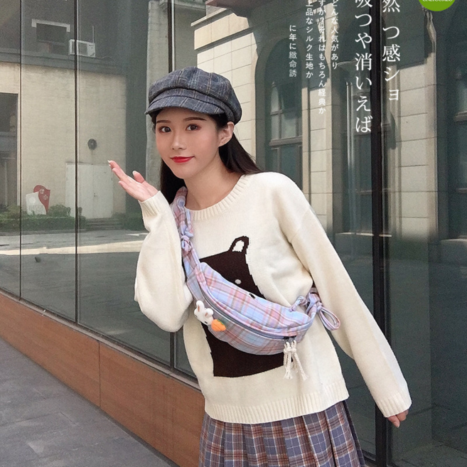 캔버스 체크 크로스 귀여운 소녀 가방