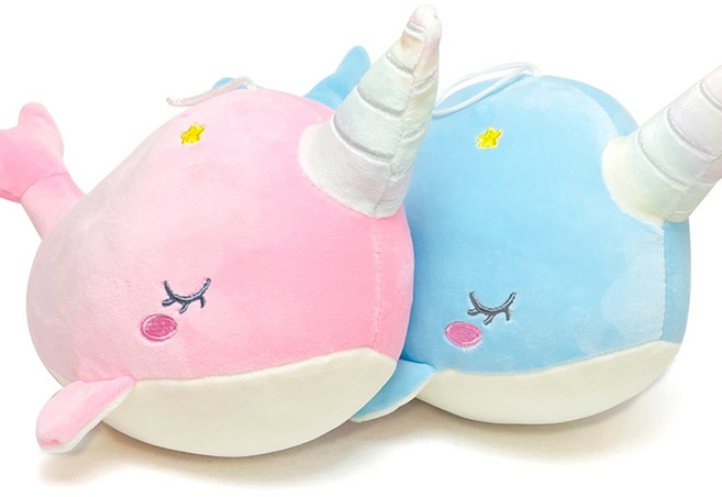 유니콘 고래 쿠션 인형 봉제 애착, 2개, 핑크+블루, 30cm