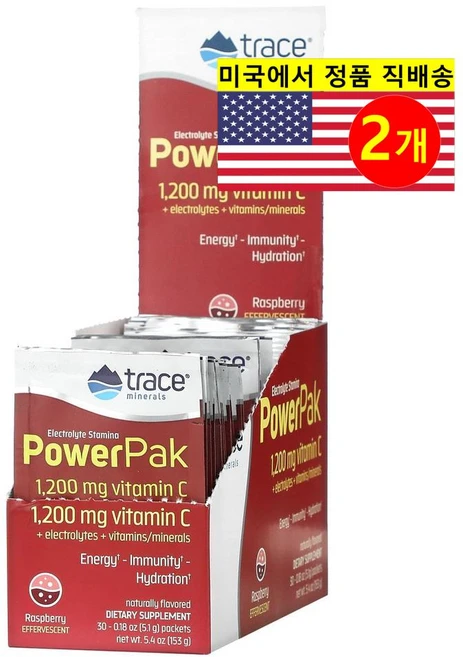 Trace Minerals 트레이스 미네랄 전해질 스태미나 비타민C 1200mg 파워팩 라즈베리맛 30개입, 2개 - 쿠팡