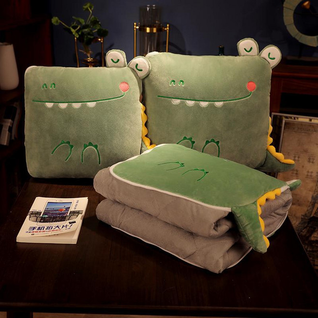 베개 퀼트 듀얼 목적 사무실 낮잠 작은 베개 자동차 담요 자동차 접이식 여름 귀여운, 면화45cm이불1.5*1.8M, 악어